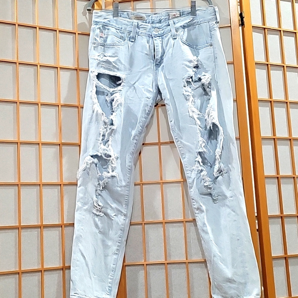 AG straight crop very distressed light denim jeans low rise